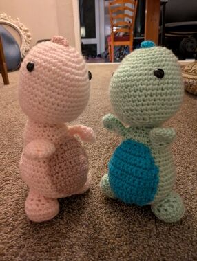 2 Handmade Crochet Dinos - Pink and Blue